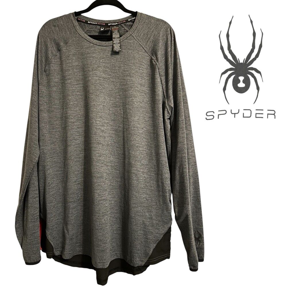 Spyder Active Long Sleeve T-Shirt Gray Stretch Crew Neck Spider Logo Men’s Sz XL